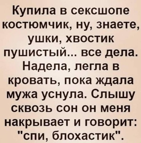 Купила в сексшопе костюмчик ну знаете ушки хвостик пушистый все дела Надела легла в кровать пока ждала мужа уснула Слышу сквозь сон он меня накрывает и говорит спи блохастик
