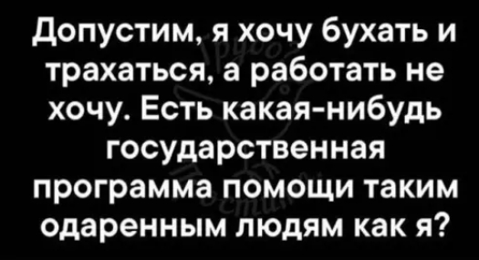 допустим я хочу бухать и трахаться а работать не хочу Есть какая нибудь государственная программа помощи таким одаренным людям как я
