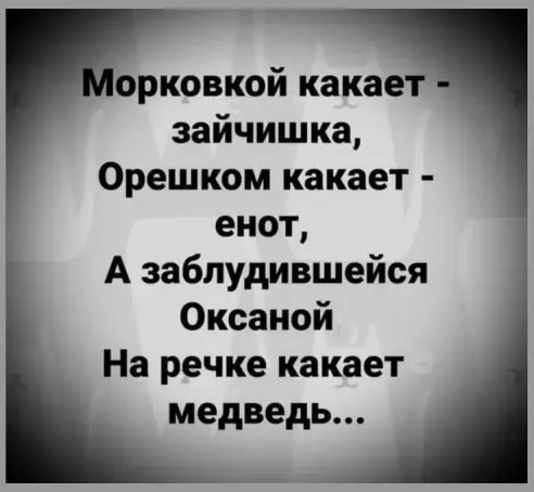 орковкой какает зайчишка Орешком какает енот А заблудившейся Оксаной На речке какает медведь