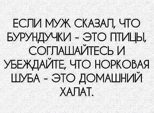 ЕСЛИ МУЖ СКАЗАЛ ЧТО БУРУНДУЧКИ ЭТО ПТИЦЫ СОГЛАШАЙТЕСЬ И УБЕЖДАЙТЕ ЧТО НОРКОВАЯ ШУБА ЭТО ДОМАШНИЙ ХАЛАТ