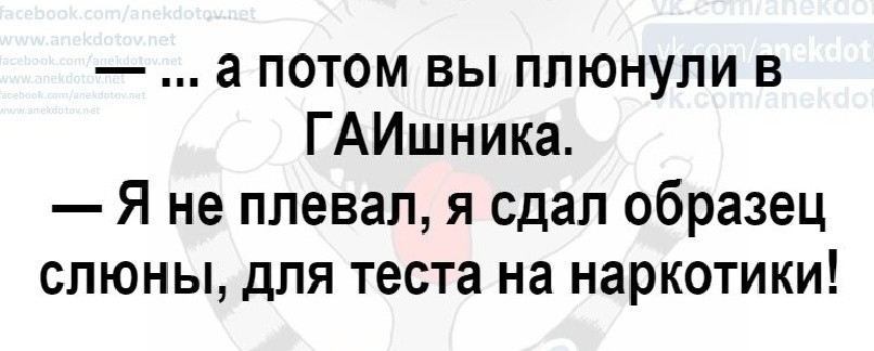 а потом вы плюнули в ГАИшника Я не плевал я сдал образец слюны для теста на наркотики