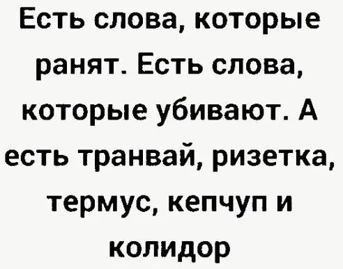 Есть слова которые ранят Есть слова которые убивают А есть транвай ризетка термус кепчуп и колидор