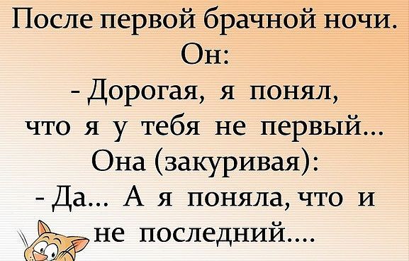 После первой брачной ночи Он Дорогая я понял что я у тебя не первый Она закуривая Да А я понялачто И