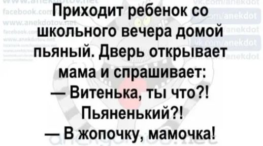 Приходит ребенок со школьного вечера домой пьяный Дверь открывает мама и спрашивает Витенька ты что Пьяненький В жопочку мамочка