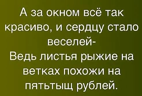 А за окном всё так красиво и сердцу стало веселей Ведь листья рыжие на ветках похожи на пятьтыщ рублей