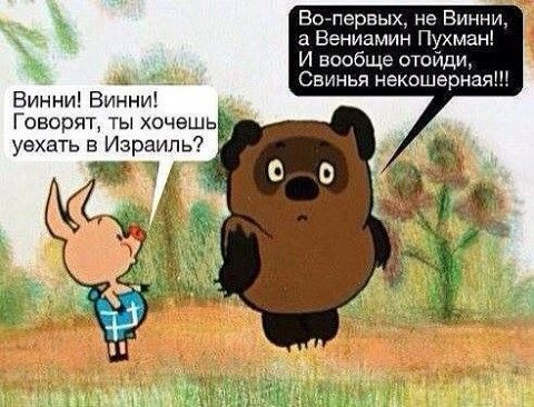 Винни! Винни! Говорят, ты хочешь уехать в Израиль?\nВо-первых, не Винни, а Вениамин Пухман! И вообще отойди, Свинья нескошерная!!!