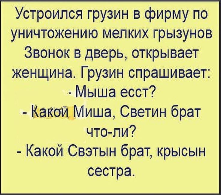 Устроился грузин в фирму по уничтожению мелких грызунов\nЗвонок в дверь, открывает женщина. Грузин спрашивает: - Мыша есть?\n- Какой Миша, Светин брат что-ли?\n- Какой Святын брат, крысы н сестра.