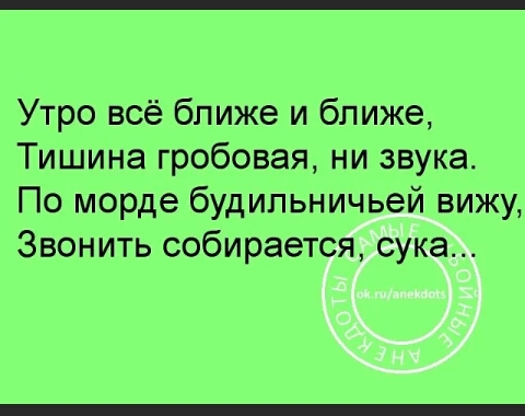 Утро всё ближе и ближе Тишина гробовая ни звука По морде будильничьей вижу Звонить собирается сука