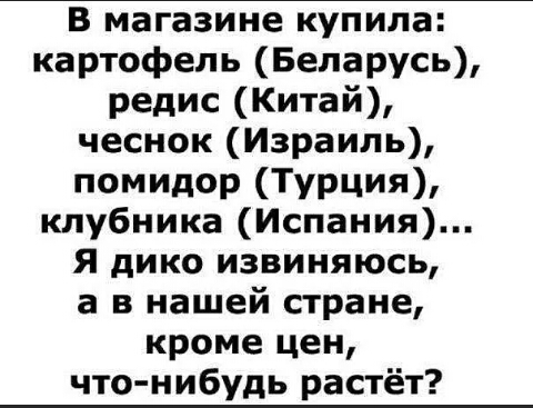 В магазине купила картофель Беларусь редис Китай чеснок Израиль помидор Турция клубника Испания Я дико извиняюсь а в нашей стране кроме цен что нибудь растёт