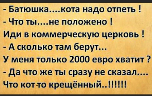 Батюшкакота надо отпеть Что тыне положено Иди в коммерческую церковь А сколько там берут У меня только 2000 евро хватит да что же ты сразу не сказал Что кот то крещённый_