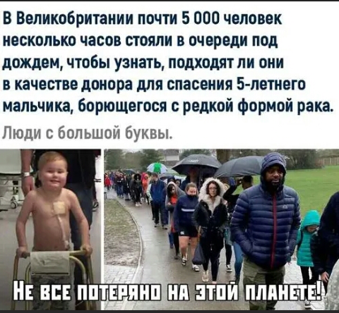 В Великобритании почти 5 000 человек несколько часов стояли в очереди под дождем чтобы узнать подходят ли они в качестве донора для спасения 5 летнего мальчика борющегося редкой формой рака Люди с большой буквы НЕ ВСЕ ППТЕШШП зтпйПЛПЁТЁА