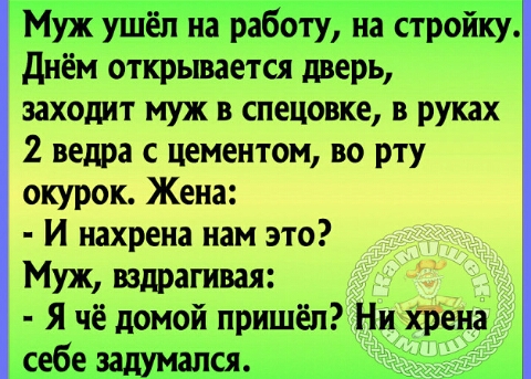 Муж ушёл на работу на стройку днём открывается дверь заходит муж в спецовке в руках 2 ведра с цементом во рту окурок Жена И нахрена нам это Муж вздрагивая я чё домой пришёл Ни хрена себе задумался