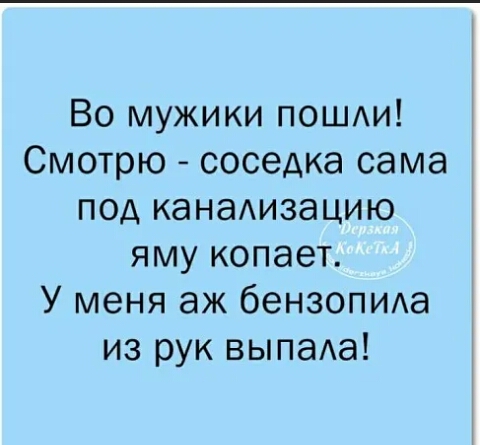 Во мужики пошди Смотрю соседка сама под канаАизацию яму копает У меня аж бензопма из рук выпаАа