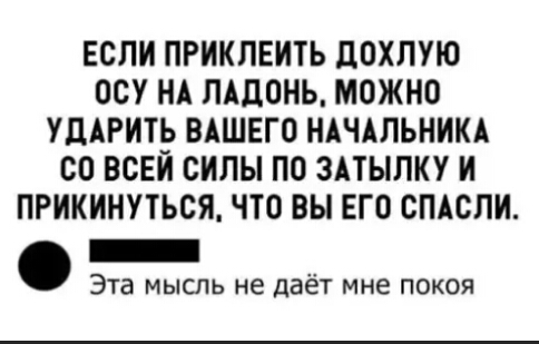 ЕСЛИ ПРИКЛЕИТЬ дОХЛУЮ НСУ НА ПАДОНЬ МОЖНО УДАРИТЪ ВАШЕГО НАЧАЛЬНИКА СО ВСЕЙ СИЛЫ ПО ЗАТЫЛКУ И ПРИКИНУТЬСЯ ЧТО ВЫ ЕГО СПАСПИ _ Эта мысль не даёт мне покоя