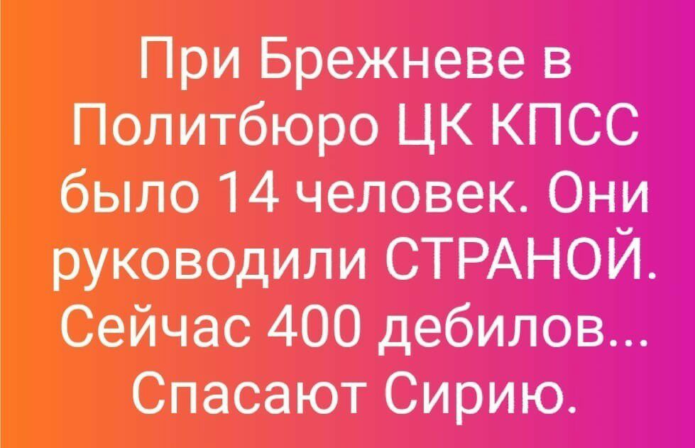 При Брежневе в Политбюро ЦК КПСС было 14 человек Они руководили СТРАНОЙ Сейчас 400 дебилов Спасают Сирию