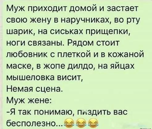 Муж приходит домой и застает свою жену в наручниках во рту шарик на сиськах прищепки ноги связаны Рядом стоит любовник плеткой и в кожаной маске в жопе дилдо на яйцах мышеловке висит Немая сцена Муж жене Я так понимаю пиздить вас бесполезно