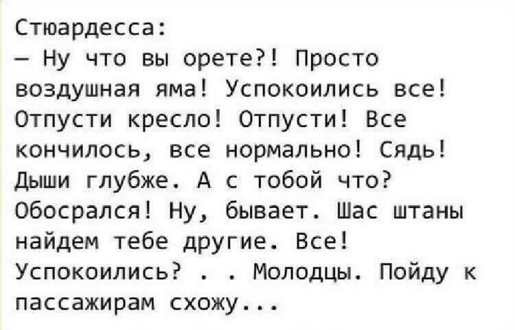 Стюардесса Ну что вы орете Просто воздушная яма Успокоились все Отпусти кресло Отпусти Все кончилось все нормально Сядь Дыши глубже А с тобой что Обосрался Ну бывает Шас штаны найдем тебе другие Все Успокоились Молодцы Пойду к пассажирам схожу