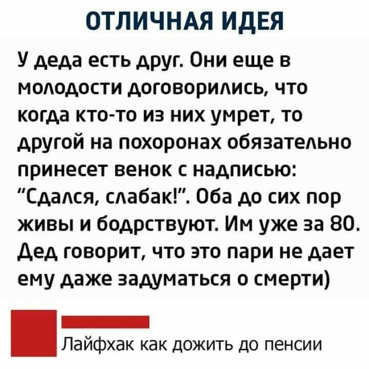 ОТЛИЧНАЯ ИДЕЯ У деда есть друг Они еще в моподости договоридись что когда кто то из них умрет то другой на похоронах обязатепьно принесет венок с надписью Сдадся сдабак Оба до сих пор живы и бодрствуют Им уже за 80 дед говорит что это пари не дает ему даже задуматься о смерти _ Лайфхак как дожить до пенсии