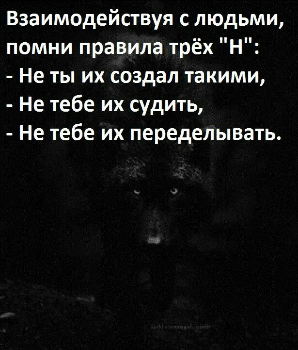 Взаимодействуя с людьми помни правила трёх Н Не ты их создал такими Не тебе их судить Не тебе их переделывать