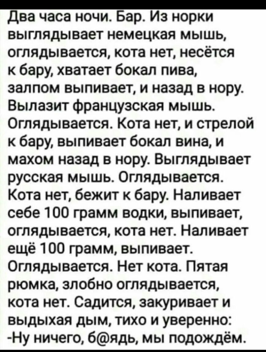 два часа ночи Бар Из норки выглядывает немецкая мышь оглядывается кота нет несётся к бару хватает бокал пива залпом выпивает и назад в нору Вылазит французская мышь Оглядывается Кота нети стрелой к бару выпивает бокал вина и махом назад в нору Выглядывает русская мышь Оглядывается Кота нет бежит к бару Наливает себе 100 грамм водки выпивает оглядывается кота нет Наливает ещё 100 грамм выпивает Огл
