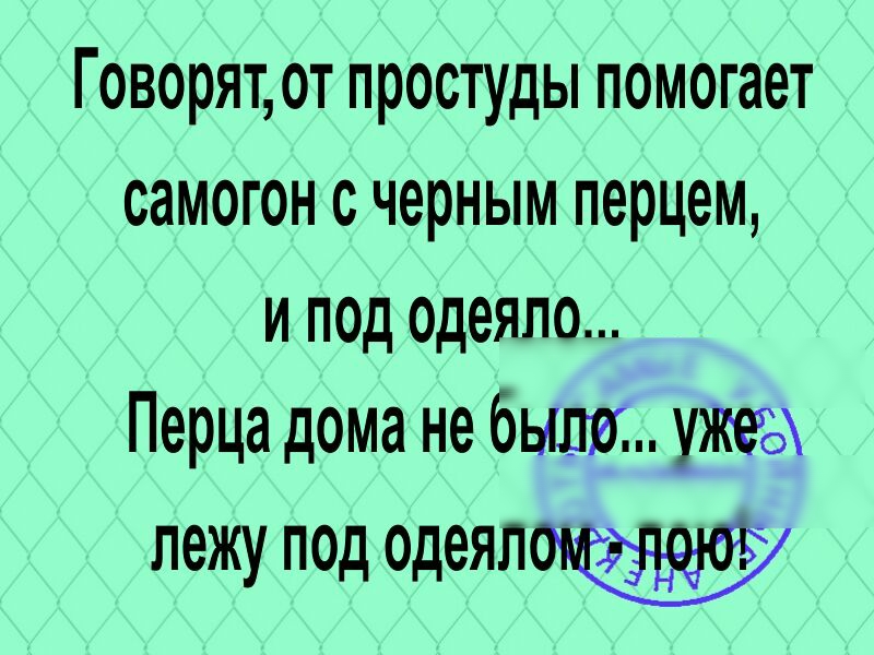 Говорят от простуды помогает самогон с черным перцем и под одеяло Перца дома не было ужеа ЛЕЖУ ПОД ОдеЯЛ