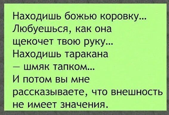 Находишь божью коровку Любуешься как она щекочет твою руку Находишь таракана шмяк тапком И потом вы мне рассказываете что внешность не имеет значения