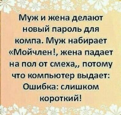 Муж и жена делают новый пароль для компа Муж набирает Мойчлен жена падает на пол от смеха потому что компьютер выдает Ошибка слишком короткий