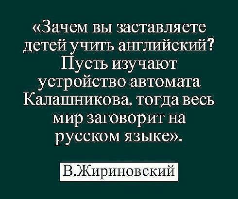 Зачем вы заставляете детей учить английский Пустъ изучают устройство автомата Калашникова тогда весь мир заговорит на русском язьше ВЖприновскпй