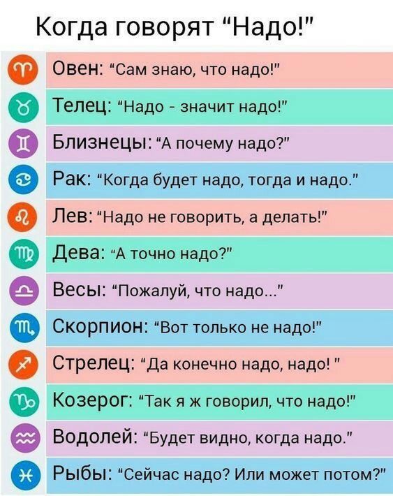 Когда говорят Надо Овен Сам знаю что надо 7 Телец Надо значит надо Близнецы А почему надо Рак Когда будет надо тогда и надо Лев Надо не говорить а делать гц дева А точно надо Весы Пожалуй что надо СКОРПИОН Вот только не надо Стрелец Да конечно надо надо Козерог Так я ж говорил что надо Водолей Будет видно когда надо Рыбы Сейчас надо Или может потом