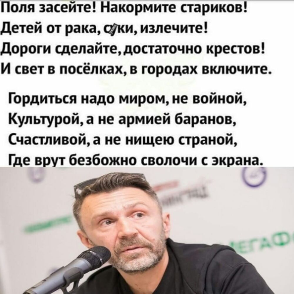 Поля засейте Накормите стариков Детей от рака суки излечите дороги сделайтедостаточно крестов И свет в посёлках в городах включите Гордиться надо миром не войной Культуройа не армией баранов Счастливойа не нищею страной Где врут безбожно сволочи с экрана
