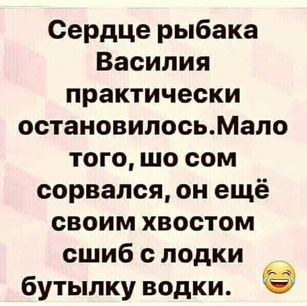 Сердце рыбака Василия практически остановилосьМало того шо сом сорвался он ещё своим хвостом сшиб с лодки д бутылку водки