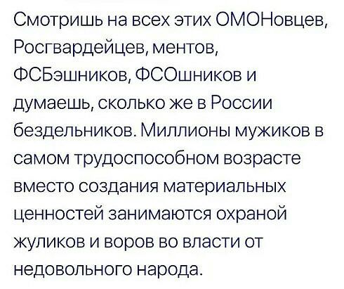 Смотришь на всех этих ОМОНовцев Росгвардейцев ментов ФСБэшников ФСОшников и думаешь сколько же в России бездельников Миллионы мужиков в самом трудоспособном возрасте вместо создания материальных ценностей занимаются охраной жуликов и воров во власти от недовольного народа
