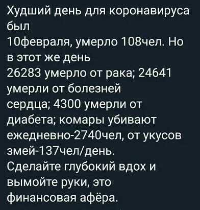 Худший день для коронавируса был 10феврапя умерло 108чел Но в этот же день 26283 умерло от рака 24641 умерли от болезней сердца 4300 умерли от диабета комары убивают ежедневн02740чеп от укусов змей137чепдень Сделайте глубокий вдох и вымойте руки это финансовая афёра