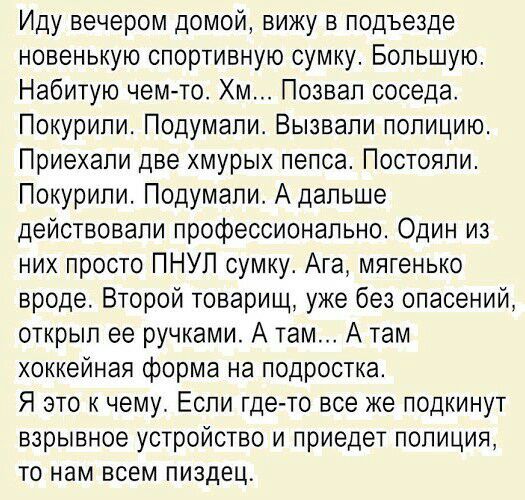 Иду вечером домой вижу в подъезде новенькую спортивную сумку Большую Набитую чем то Хм Позвал соседа Покурипи Подумали Вызвали полицию Приехали две хмурых пепса Постояли Покурипи Подумали А дальше действовали профессионально Один из них просто ПНУП сумку Ага мягенько вроде Второй товарищ уже без опасений открыл ее ручками А там А там хоккейная форма на подростка Я это к чему Если где то все же под