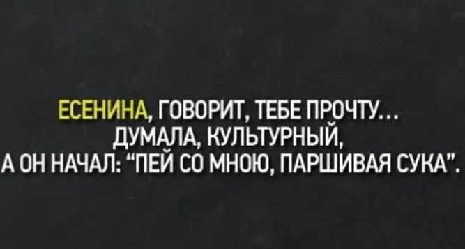 ЕСЕНИНА, ГОВОРИТ, ТЕБЕ ПРОЧТУ... ДУМАЛА, КУЛЬТУРНЫЙ, А ОН НАЧАЛ: «ПЕЙ СО МНОЮ, ПАРШИВАЯ СУКА».