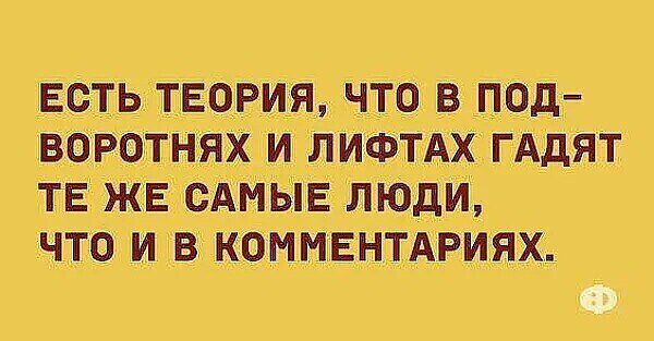 ЕСТЬ ТЕОРИЯ, ЧТО В ПОД-ВОРОТНЯХ И ЛИФТАХ ГАДЯТ ТЕ ЖЕ САМИЕ ЛЮДИ, ЧТО И В КОММЕНТАРИЯХ.