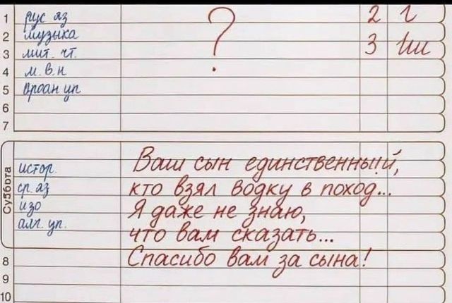 рус яз музыка лит. чт. м.в.н оран уп история ср. аз изо алг. уп. 2 1 3 ни Ваш сын единственный, кто взял водку в поход... Я даже не знаю, что вам сказать... Спасибо вам за сына!