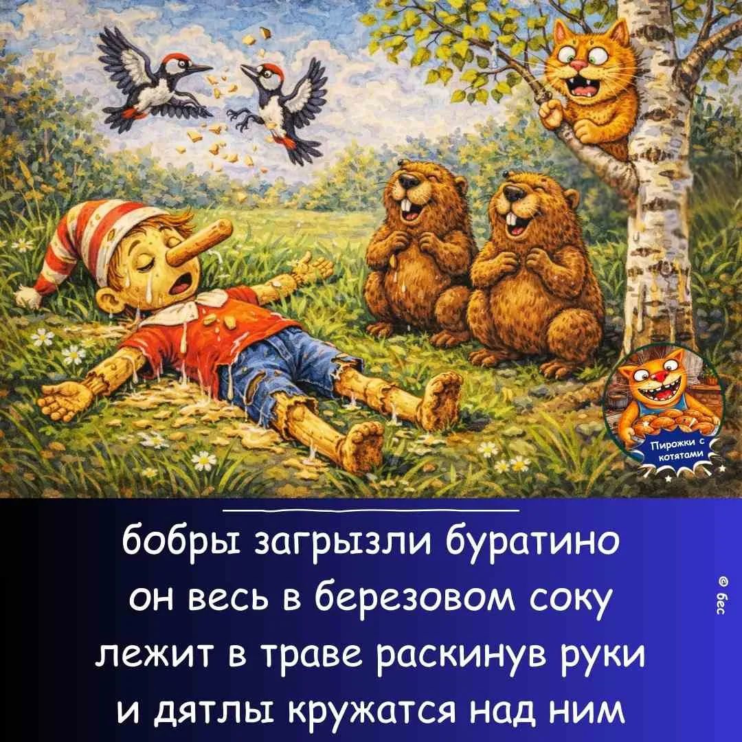 бобры загрызли буратино он весь в березовом соку лежит в траве раскинув руки и дятлы кружатся над ним