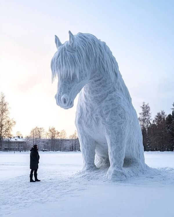 Большая фигура коня, вырезанная из снега, рядом человек в снежном поле.