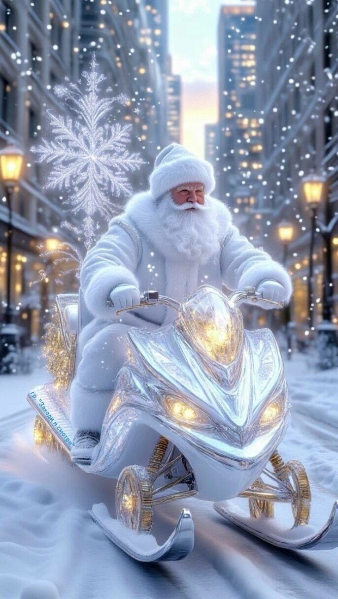 Дед Мороз на белом снегоходе по зимнему городу