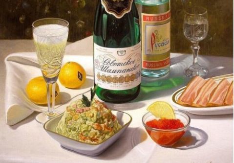 Советское Шампанское; Россия; лимоны; салат; икры нет; нарезки мяса. 