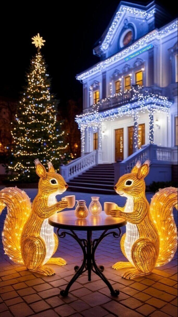 Новогодняя ночная сцена: светящийся дом и ёлка, рядом столик с двумя светящимися белками-люминариями.