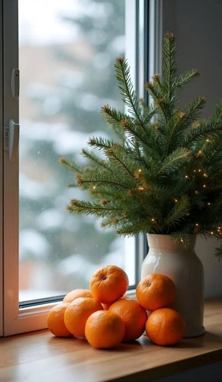 На подоконнике мандарины и декоративная елочка в вазе у окна.