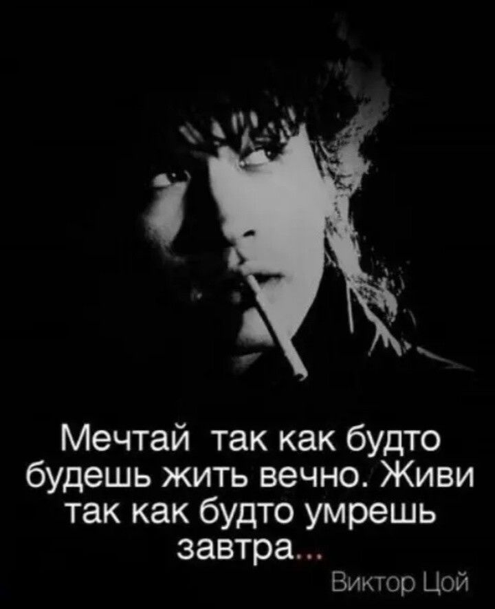 Мечтай так как будешь жить вечно. Живи так как будто умрешь завтра... Виктор Цой