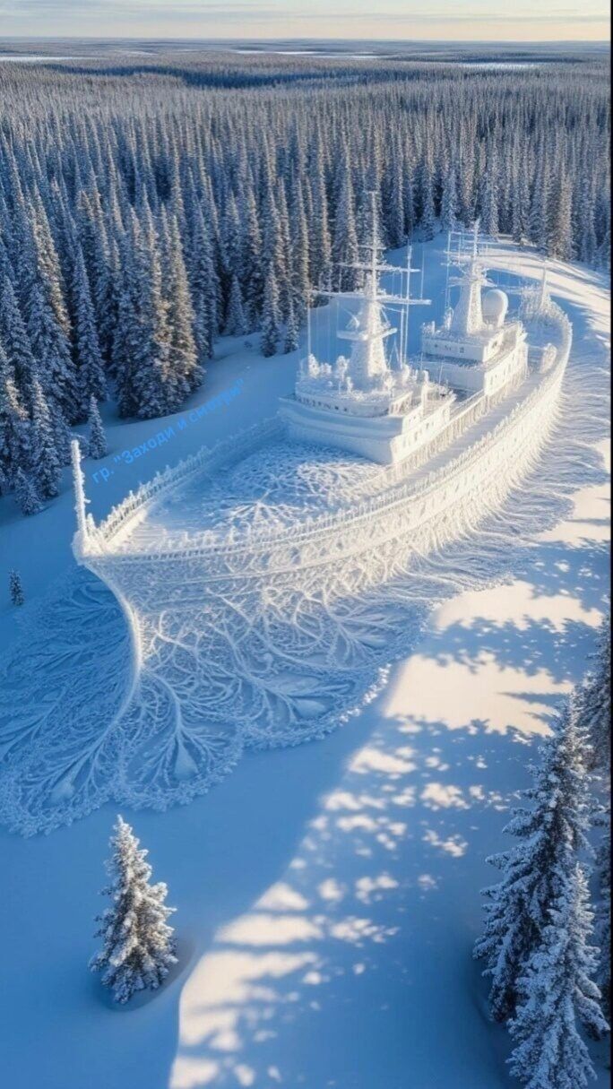 Заледенное судно застряло в заснеженном лесу.