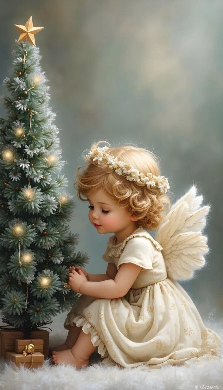 Маленький ангелочек в веночке рядом с рождественской ёлкой
