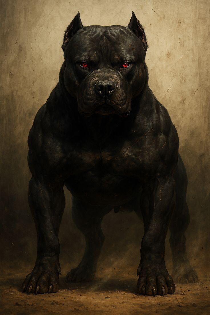 Черный зубастый дог на темном фоне, настороженный взгляд