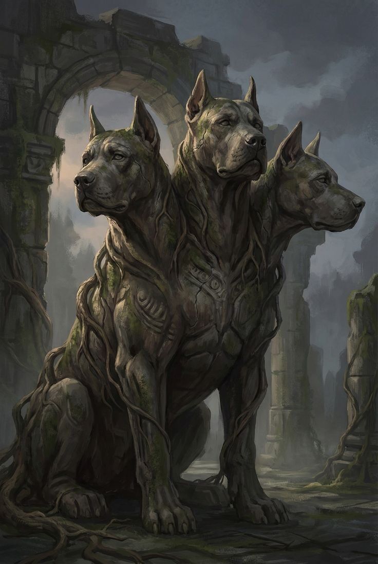 Три головы собаки в каменных развалинах, мистическое существо на фантазийной карте