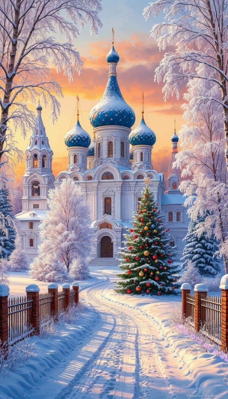 Зимний православный собор среди снега и елки
