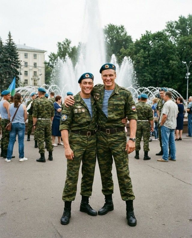 Два военнослужащих в камуфляже и берете выглядят на праздничной площади возле фонтана.